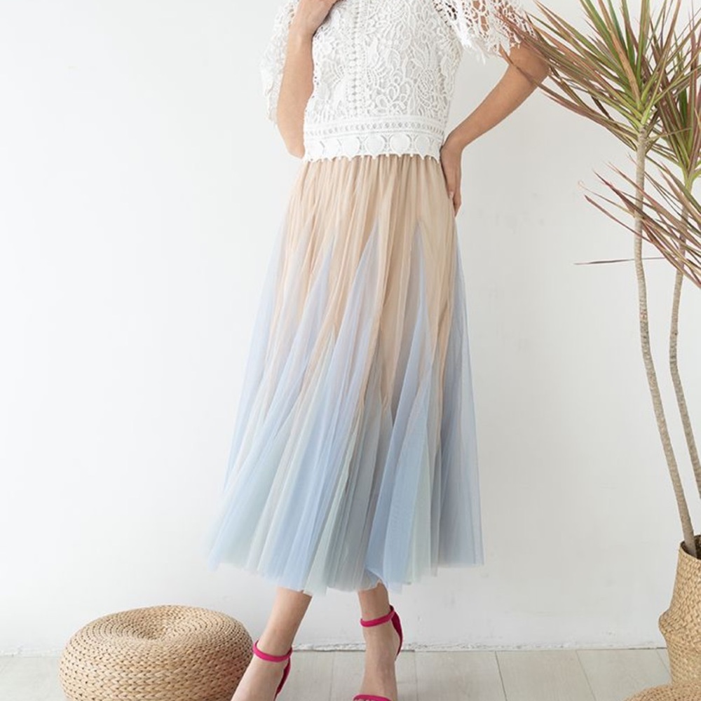 Color Block Mesh Maxi Skirt